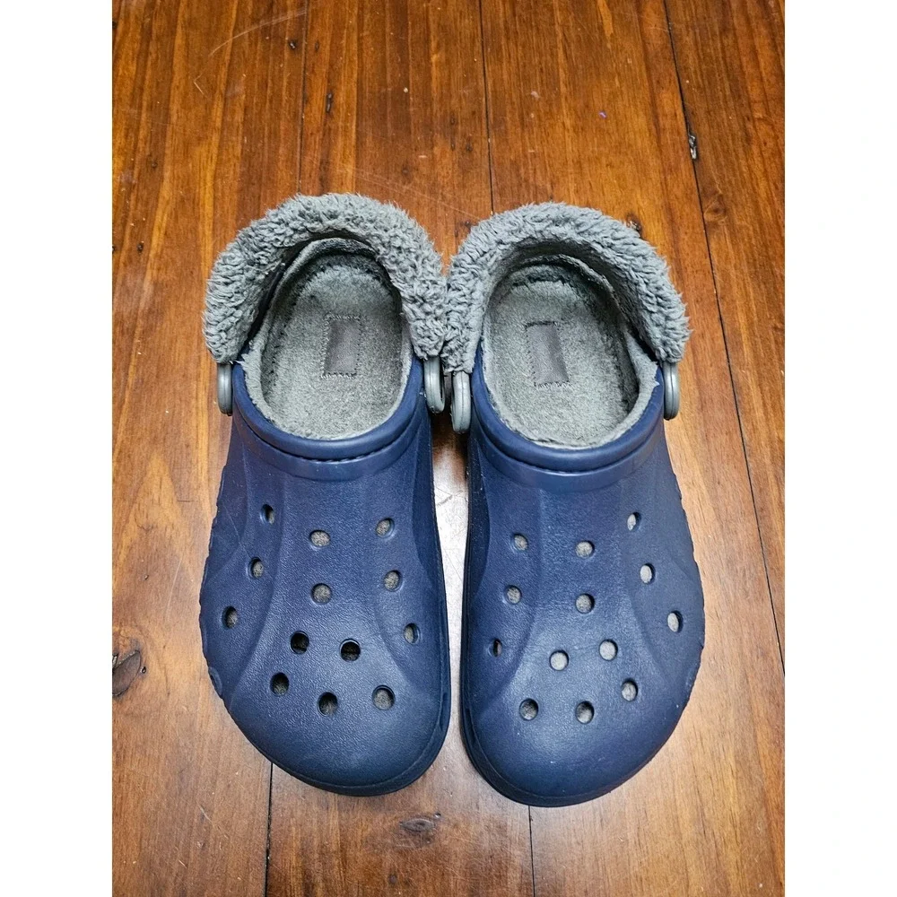 Crocs Baya Lined Navy Blue Grey Faux Fur Clogs Mens 7 Womens 9 Winter Slippers